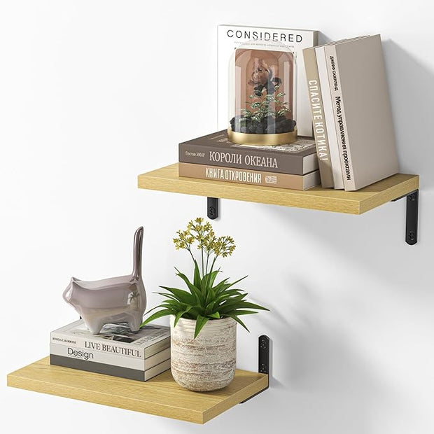 Marsmiles Extra Wide Floating Shelves for Wall, 16x8 Inch Natural Wood Grain Bookshelves, Heavy Duty Mounted Shelving for Bathroom, Kitchen, Living Room, Bedroom,Set of 2，Oak