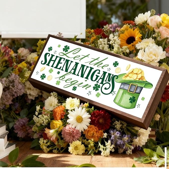 Irish Decor, Let the Shenanigans Begin Sign, Shamrock Decor Art, Green Hat Decors, St Patricks Day Decoration for Home Kitchen Shelf, Coffee Bar Decors, 9.5x3.1x1 inches