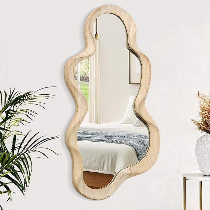 Large Asymmetrical Mirror Irregular Modern Cloud Wall Mirror Wood Frame Unique Shape Artistic Wall Mounted Vanity Mirror Decorative for Living Room Bedroom Bathroom Entryway Hallway