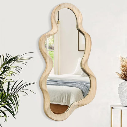 Large Asymmetrical Mirror Irregular Modern Cloud Wall Mirror Wood Frame Unique Shape Artistic Wall Mounted Vanity Mirror Decorative for Living Room Bedroom Bathroom Entryway Hallway
