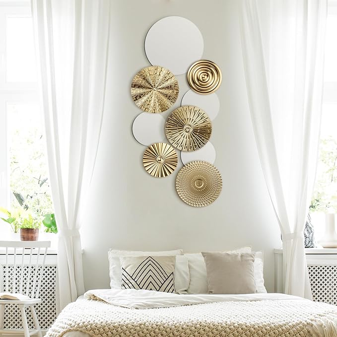 Blulu 9 Pcs Gold Mirror Wall Decor Metal Round Home Art Decor Decorative Modern Circle Mirror Wall Art Sculpture Hanging Decorations for Home Living Room Office