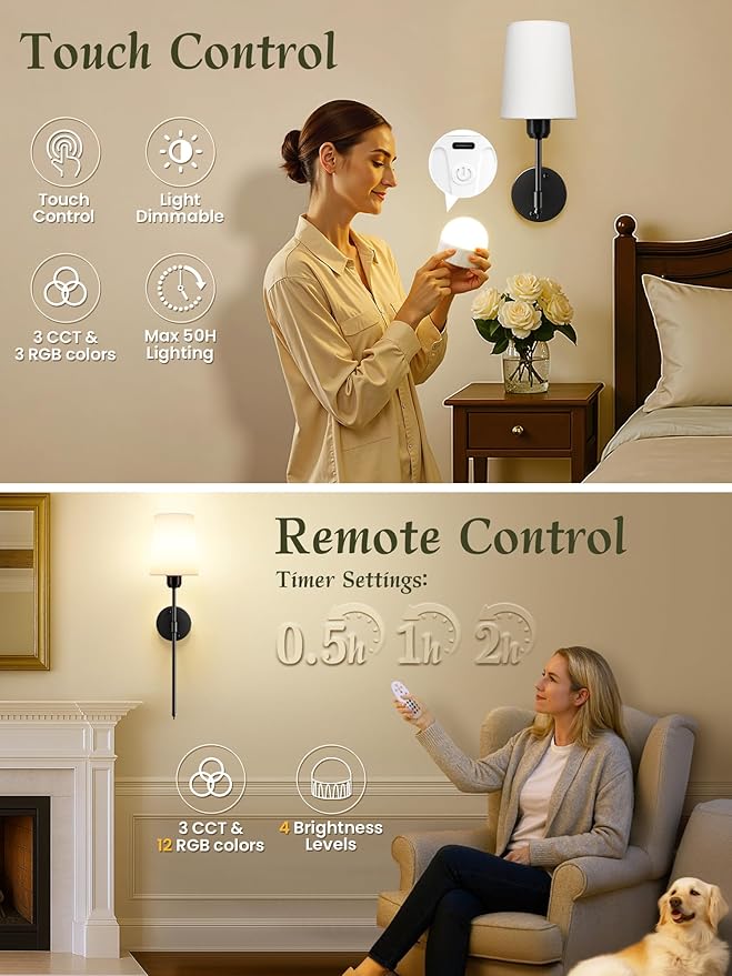 Wall Sconces Set of 2 Battery Operated, Black Wall Lights with Rechargeable Magnetic Bulbs and Remote, Dimmable & 15 RGB Cordless Wall Lamps for Bedroom Living Room Hallway, 23 Inch