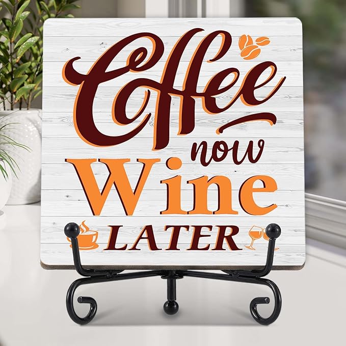 Coffee Bar Decor, Farmhouse Kitchen Table Decor, Coffee and Wine Bar Sign, Wooden Decorative Sign with Iron Stand for Table Desk Shelf Display-E26