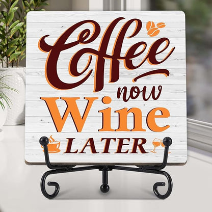 Coffee Bar Decor, Farmhouse Kitchen Table Decor, Coffee and Wine Bar Sign, Wooden Decorative Sign with Iron Stand for Table Desk Shelf Display-E26