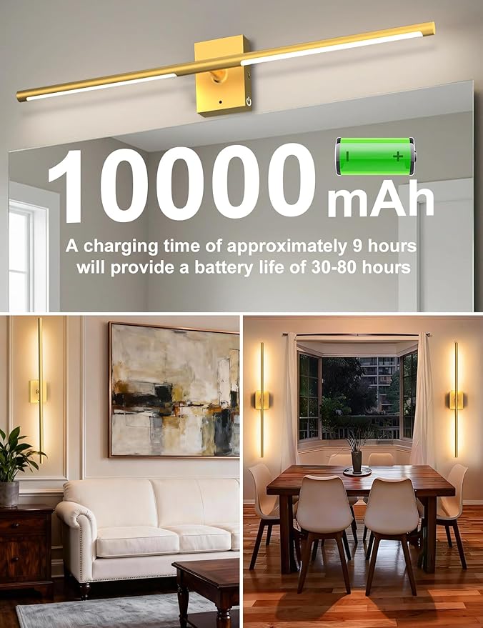 Battery Operated Wall Sconces Set of 2, 10000mAh Rechargeable Wall Lights with Remote, 360° Rotate 3000K-6000K LED Wireless Wall Light Fixtures Decor for Bedroom Living Room Hallway Picture Lighting