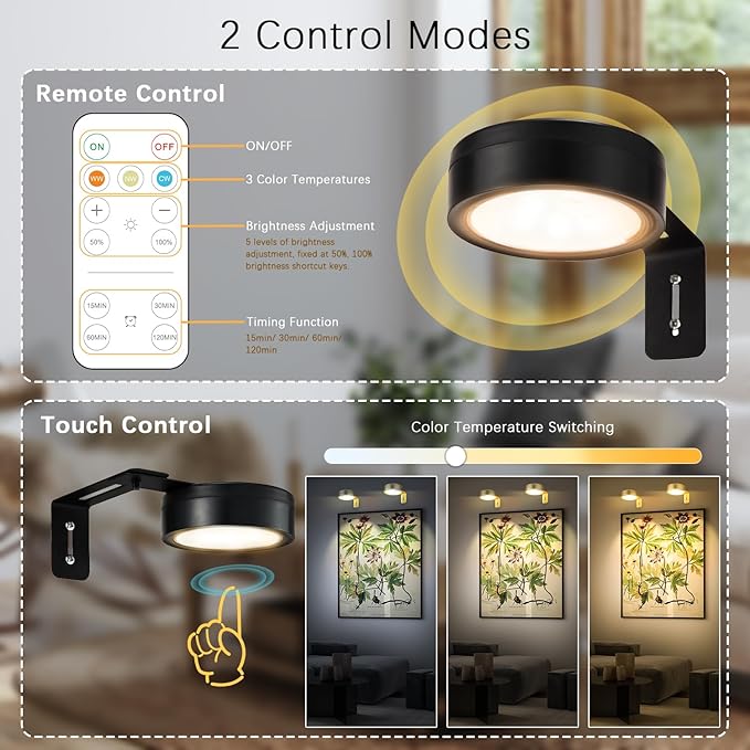 4 Pack Black Battery Operated Picture Light, Wireless Picture Lights for Wall with Remote Dimmable Timer, Lighting Modes Pictures Frame Light for Artworking,Magnetic Painting Lights Wall Decor