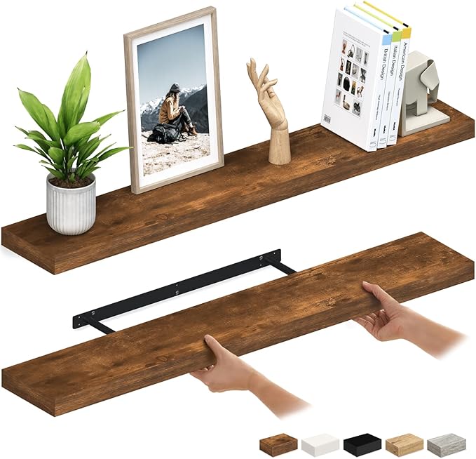 Ballucci Floating Shelves for Wall, 48" Wood Wall Shelf Set of 2, with Invisible Brackets for Bathroom, Living Room, Bedroom, Kitchen, Nursery, 8" Deep, Rustic Brown