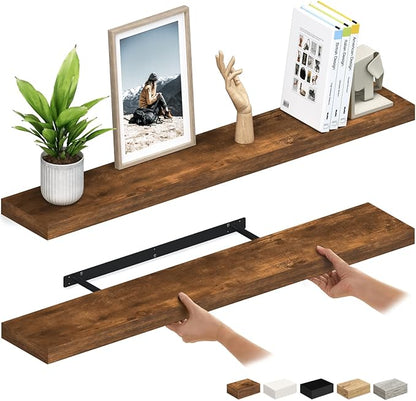Ballucci Floating Shelves for Wall, 48" Wood Wall Shelf Set of 2, with Invisible Brackets for Bathroom, Living Room, Bedroom, Kitchen, Nursery, 8" Deep, Rustic Brown