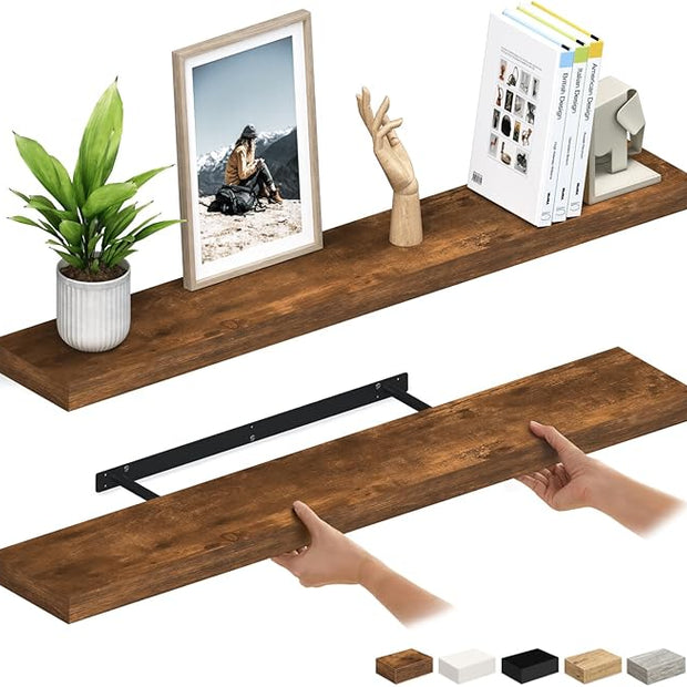 Ballucci Floating Shelves for Wall, 48" Wood Wall Shelf Set of 2, with Invisible Brackets for Bathroom, Living Room, Bedroom, Kitchen, Nursery, 8" Deep, Rustic Brown