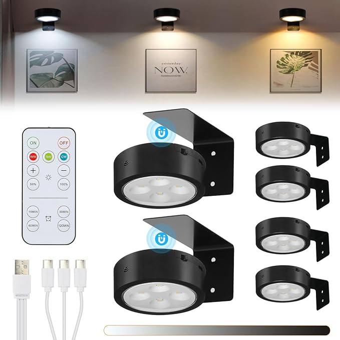 6Pcs Rechargeable Battery Picture Light,Wall Lights for Pictures with Remote Dimmable and Timer,3 Lighting Modes Magnetic Art Display Light for Paintings Battery Operated-Black