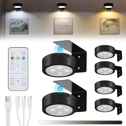 6Pcs Rechargeable Battery Picture Light,Wall Lights for Pictures with Remote Dimmable and Timer,3 Lighting Modes Magnetic Art Display Light for Paintings Battery Operated-Black