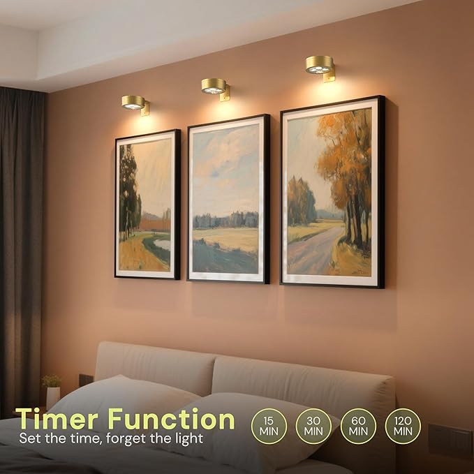 L LOHAS LED Gold 3Pcs Battery Operated Picture Light, Magnetic LED Painting Light with Remote, Dimmable and Timer, Art Display Light for Picture Frame Paintings, Wireless Wall Decor Puck Lights, 3CCT