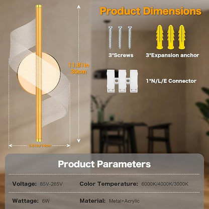 Modern LED Wall Sconce - 12" Height Spiral Wall Lamp with Acrylic Shade - 3000K 4000K 6000K Indoor Hardwired Wall Fixture for Bedroom Living Room Hallway Corridor (Gold 1pack)
