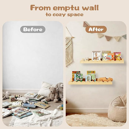 Nursery Floating Shelves for Kids Room, 2 Pack 23.6 Inch Natural Wood Wall Shelves with Scalloped Edge, Kids Bookshelves for Toddler Bedroom, Playroom, Baby Nursery Decor