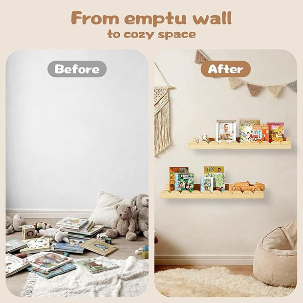 Nursery Floating Shelves for Kids Room, 2 Pack 23.6 Inch Natural Wood Wall Shelves with Scalloped Edge, Kids Bookshelves for Toddler Bedroom, Playroom, Baby Nursery Decor