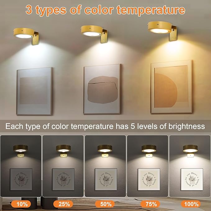 6Pcs Rechargeable Picture Lights,Battery Operated Wall Lights for Pictures with Remote Dimmable and Timer, 3 Lighting Modes Wireless Art Display Light for Picture Frame Paintings-Gold