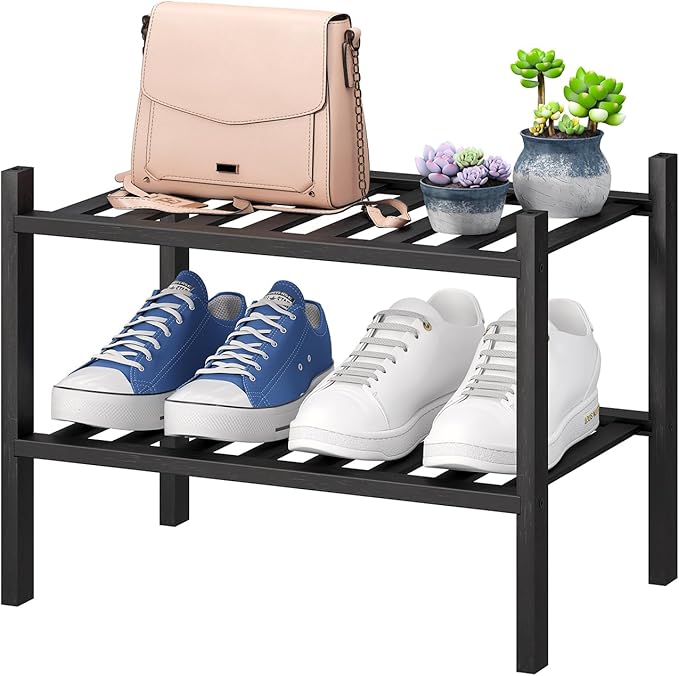 Black Small Shoe Rack for Entryway,2-Tier Bamboo Shoe Organizer for Hallway Closet, Free Standing Shoe Racks for Indoor Outdoor