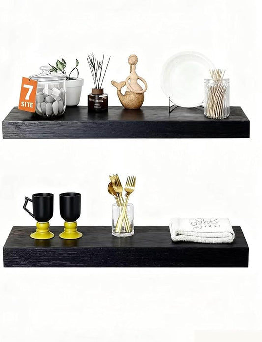 Solid Wood Floating Shelves,15in Finished Real Wood Wall Shelves with Heavy-Duty Hidden Bracket, Easy Installation, Set of 2, 15in x 7.1in x 1.5in, for Living Room Bedroom Kitchen,Black