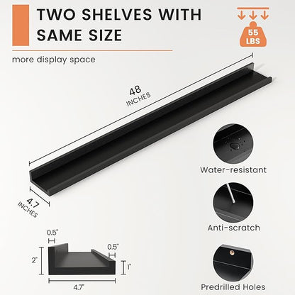 Picture Ledge Shelf, Floating Shelves Set of 2, 48 Inches Long Large Nursery Book Shelves for Toys Storage, Kids Bookshelf Wall Mounted for Living Room Bedroom Decor Books Photo Frames, Black