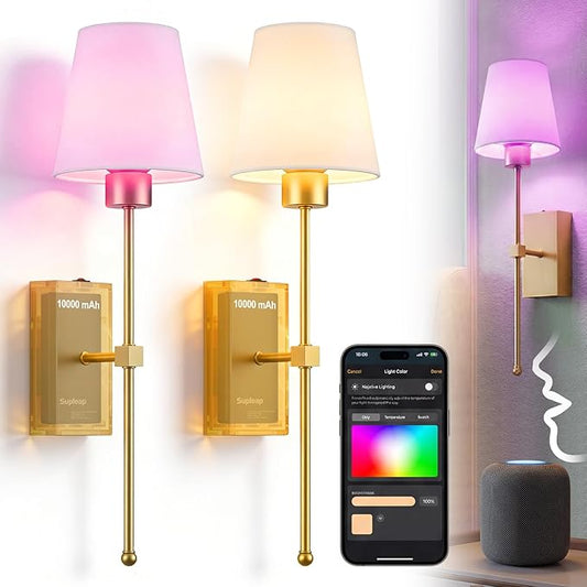 Battery Operated Wall Sconce Set of Two - Wireless Smart Wall Lamp, Matter Over Thread Protocol Enabled, Works with Apple/Alexa/Samsung/Google, 66 Hours Long Runtime