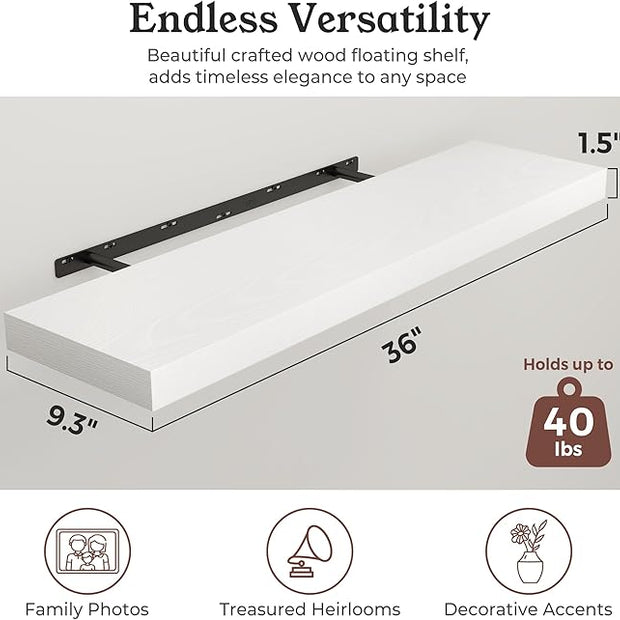 Floating Shelves for Wall, 9.3" Deep Wall Mounted Wood Shelves for Bathroom, Bedroom, Living Room, Kitchen, Hanging Shelf for Books/Storage/Room Decor (White, 36")
