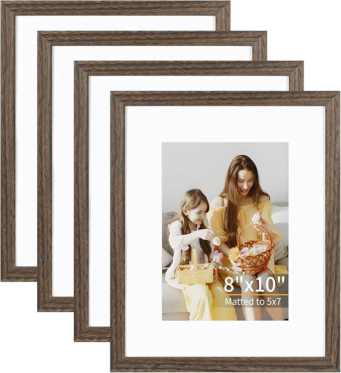 ATOBART 8x10 Picture Frame Set of 4, Displays 5x7 with Mat or 8x10 Without Mat, Photo Frames for Wall Hanging or Tabletop, Includes HD Plexiglass, Brown