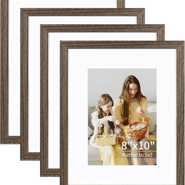 ATOBART 8x10 Picture Frame Set of 4, Displays 5x7 with Mat or 8x10 Without Mat, Photo Frames for Wall Hanging or Tabletop, Includes HD Plexiglass, Brown