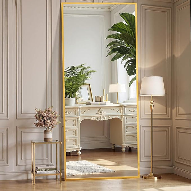 OLIXIS 64"x 21.5" Mirror Full Length, Full Body Mirror with Stand, Hanging or Leaning for Wall, Floor Standing with Shatter-Proof Glass for Bedroom, Living Room, Long, Gold
