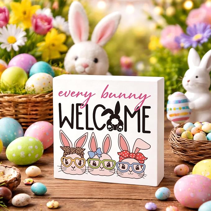 Easter Decorations for Home Every Bunny Welcome Wooden Sign, Funny Bunny Spring Porch Decor, Farmhouse Easter Desk Decorations, Table Shelf Plaque, Holiday Entryway Party Supplies