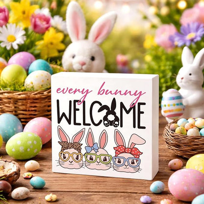 Easter Decorations for Home Every Bunny Welcome Wooden Sign, Funny Bunny Spring Porch Decor, Farmhouse Easter Desk Decorations, Table Shelf Plaque, Holiday Entryway Party Supplies