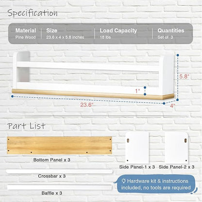 Floating Nursery Book Shelves for Wall, 24 Inch Long Wall Bookshelf for Kids Room, White and Natural Wood Hanging Bookshelves for Baby Toddler Childrens Kids Bedroom Bathroom (Set of 3)