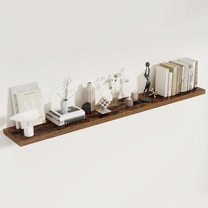 Fun Memories 72 Inch Floating Shelves, 8 Inch Deep Floating Shelf, Large Shelves with Invisible Bracket for Books|Storage, Rustic Wood Wall Shelf for Bedroom, Kitchen, Living Room, Rustic Brown