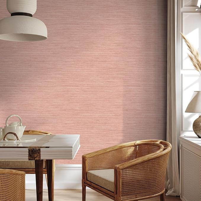 Tempaper Textured Salmon Pink Horizontal Faux Grasscloth Removable Peel and Stick Wallpaper, 20.5 in X 16.5 ft, Made in The USA