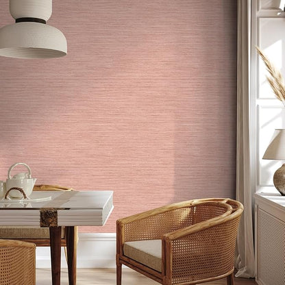 Tempaper Textured Salmon Pink Horizontal Faux Grasscloth Removable Peel and Stick Wallpaper, 20.5 in X 16.5 ft, Made in The USA