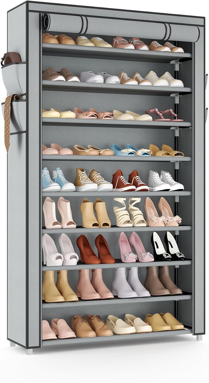 Shoe Rack with Cover Narrow Shoe Organizer with Pockets 10 Tier Tall Shoe Storage Holds 36-41 Pairs Shoes and Boots Shoe Rack for Closet Entryway Garage, Grey