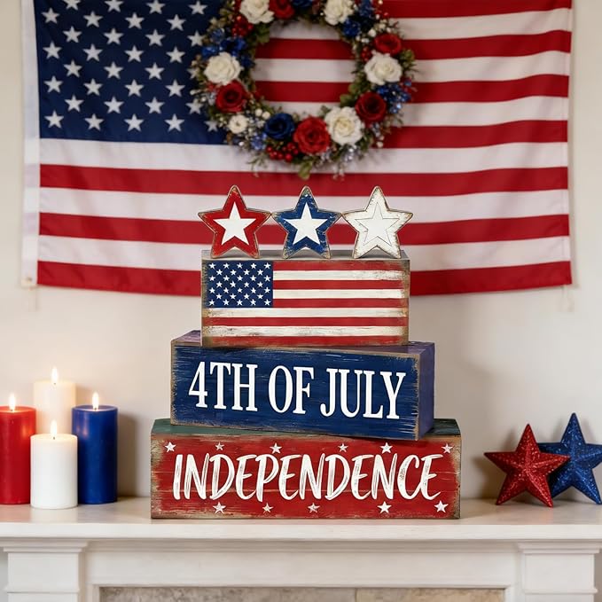 4th of July Table Decorations Patriotic Memorial Day Tiered Tray Decor Wooden American Flag Star Block Signs Independence Farmhouse 250th July Fouth Centerpiece for Tables Wooden Sign for Home Decor