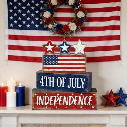 4th of July Table Decorations Patriotic Memorial Day Tiered Tray Decor Wooden American Flag Star Block Signs Independence Farmhouse 250th July Fouth Centerpiece for Tables Wooden Sign for Home Decor