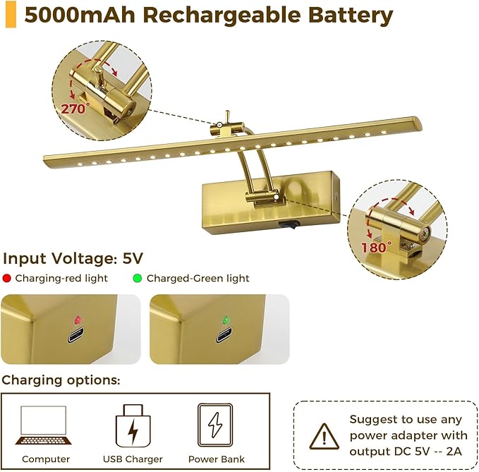 JOOSENLUX Battery Operated Picture Light - Wireless Art Display Light with Dimmer, Timer Off and Swing Arm, 5000mAh Rechargeable Battery, 16-Inch Brass Wireless Wall Sconce