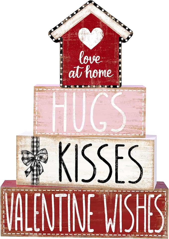 DIYDEC 4Pcs Valentine's Day Table Decoration Valentine House Wooden Block Signs Rustic Valentine Tiered Tray Decor Valentines Day Centerpiece Sign for Farmhouse Holiday Tabletop Home Party Decor