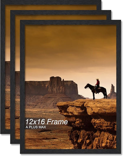 A PLUS MAX 12x16 Picture Frame Set of 3, Black Engineered Wood Frame for 12 x 16 Inch Picture Poster Photo, Light Weight 12 by 16 Frame with Wood-grain for Wall - 3 Pack/Black/12 x16