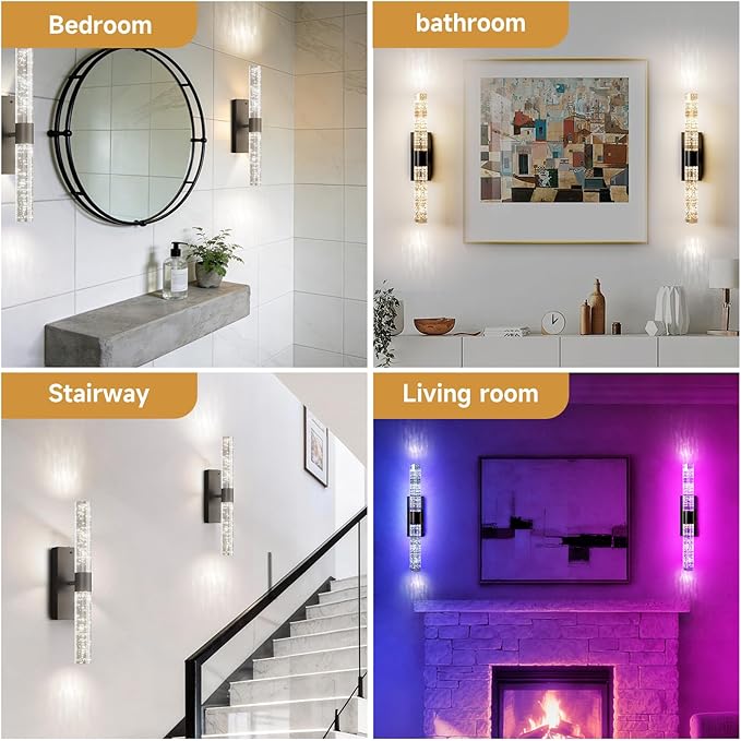 Crystal Battery Operated Wall Sconce, Black Rechargeable Wireless Wall Light Fixtures with Remote Control, 3CCT and 12 RGB Dimmable Wall Sconces Lamp for Bedroom Living Room Hallway