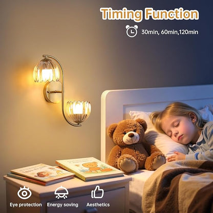 Battery Operated Wall Sconce, 2-Lights Vinatge Brass Wall Lighting Up and Down with Amber Tulip Shade for Living Room, Bedroom