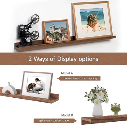Fun Memories Picture Ledge Shelf, 32 Inch Floating Shelves Set of 2, Large Nursery Book Shelves for Toys Storage, Kids Bookshelf Wall Mounted for Wall Decor Books Photo Frames, Walnut