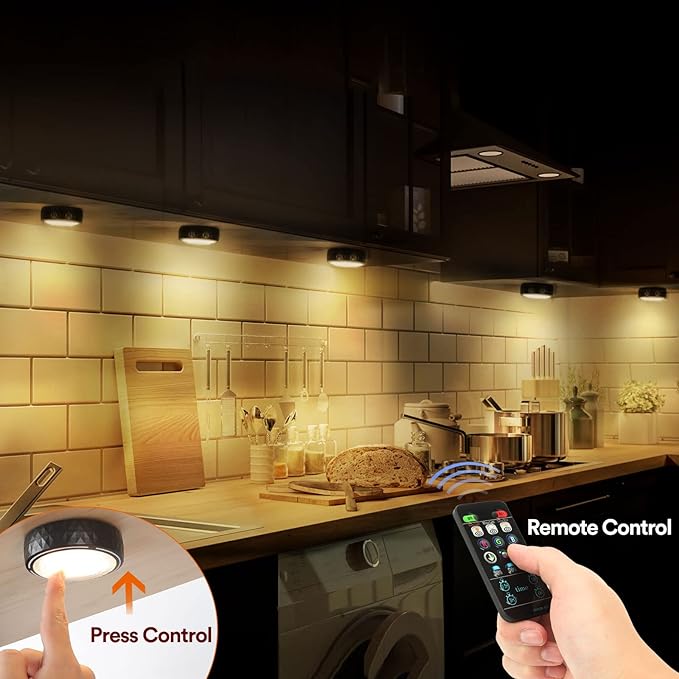 LED Puck Lights with Remote Control, Battery Operated Wireless Closet Lights, Under Cabinet Lighting Stick on Tap Push Light, Color Changing Under Counter Light for Kitchen, 2 Pack - Black