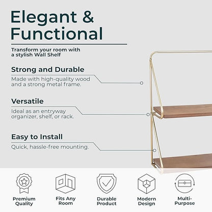 Wood Floating Shelf for Wall – 2-Tier Floating Shelves with Iron Frame, Home Decor Shelf for Bedroom – Modern Wall Shelves for Living Room & Bathroom – 20", Gold & Wood