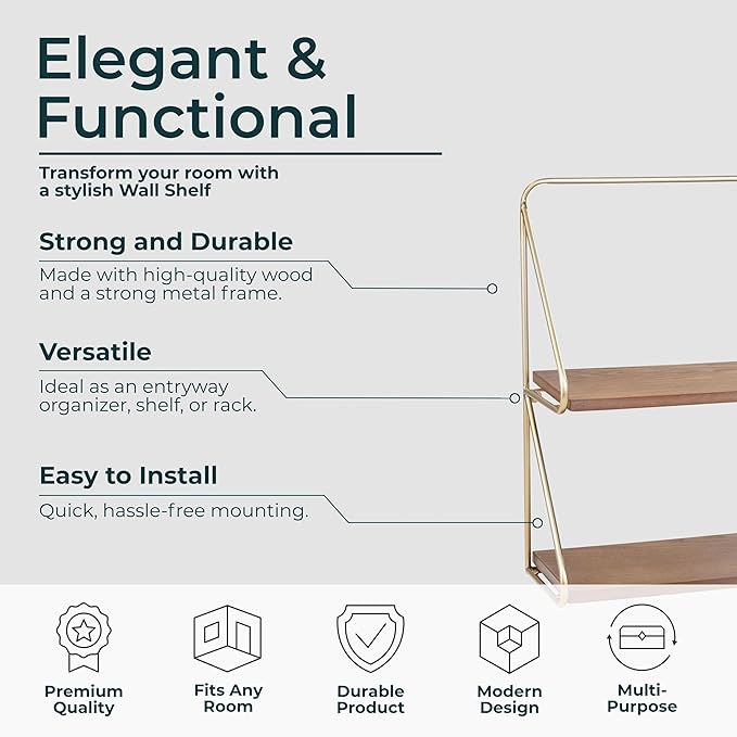 Wood Floating Shelf for Wall – 2-Tier Floating Shelves with Iron Frame, Home Decor Shelf for Bedroom – Modern Wall Shelves for Living Room & Bathroom – 20