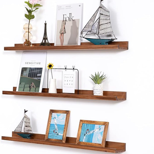MBYD 36 Inch Photo Picture Ledge Shelf, Light Walnut Floating Wall Nursery Book Shelves Floating Bookshelf for Kids Bedroom Bathroom Kitchen Home Decoration, Set of 3