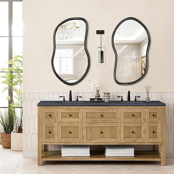 Wood Frame Asymmetrical Irregular Wall Mirror Large Bathroom Mirror for Over Sink Rustic Black Wall Mounted Mirror for Living Room Bedroom Entryway Hallway