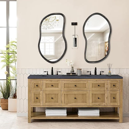 Wood Frame Asymmetrical Irregular Wall Mirror Large Bathroom Mirror for Over Sink Rustic Black Wall Mounted Mirror for Living Room Bedroom Entryway Hallway