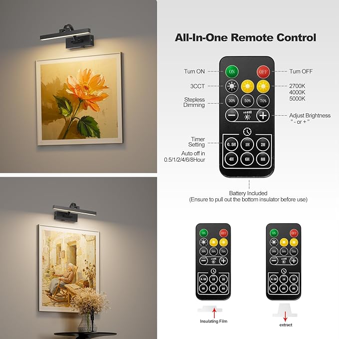 LED Wireless Picture Light with Remote Control,USB Rechargeable Battery Powered Art Lights,Dimmable,Timing,Black Wall Lights for Paintings,Picture Frame,Gallery(Black, 11.62inch)